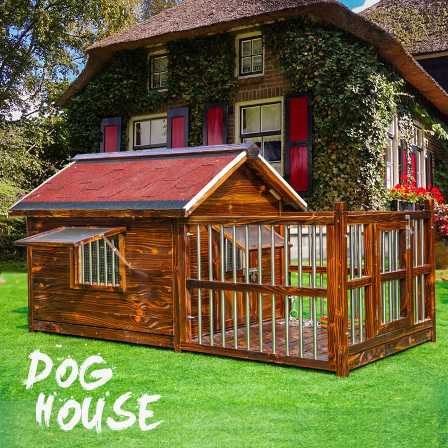 Carbonized Wood Dog House Outdoor Wooden Waterproof Ventilate Pet Kennel
