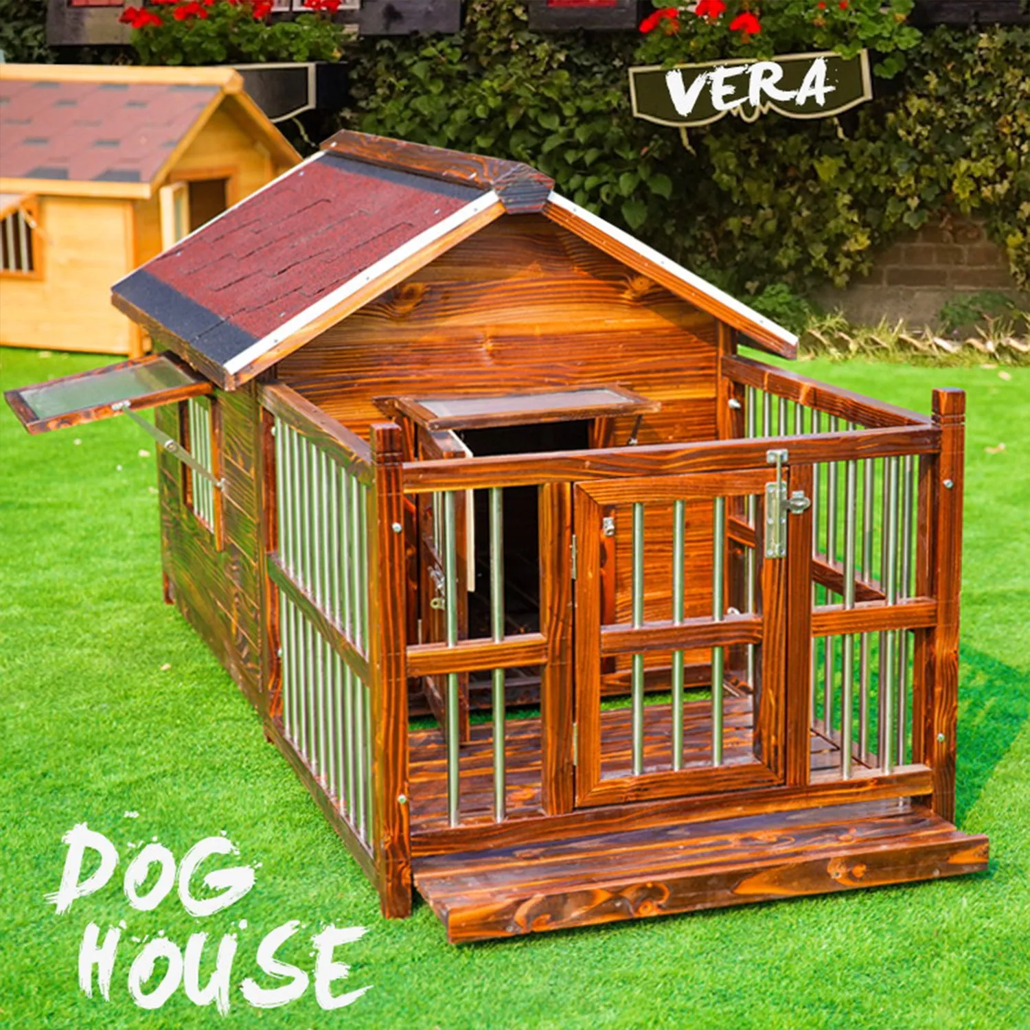 Carbonized Wood Dog House Outdoor Wooden Waterproof Ventilate Pet Kennel
