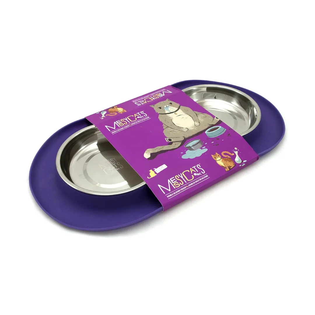 Messy Cats Double Diner Silicone with SS Purple Cat Bowl