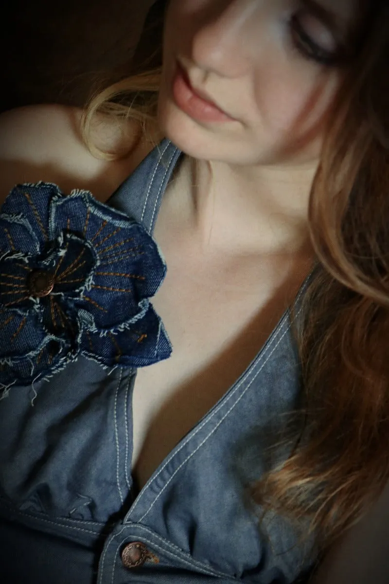 One of a kind Hand crafted denim orchid brooch