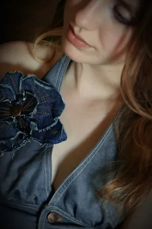 One of a kind Hand crafted denim orchid brooch